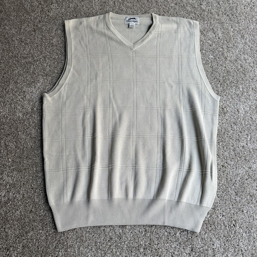 Slazenger Sweater Vest Mens Large Beige Check Tight Knit V Neck Silk Hong Kong